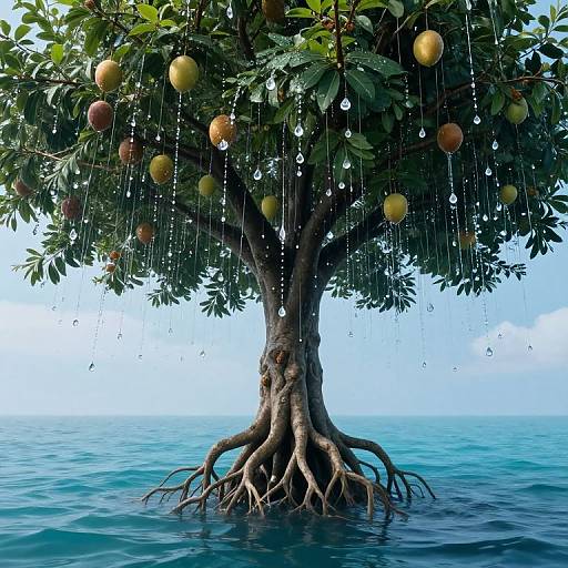 Photograph of a tree with ripe apples and dripping water, rooted in a calm, blue ocean under a clear sky.