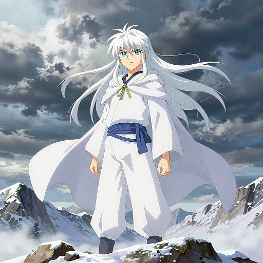 Anime-style drawing of a white-haired, blue-eyed boy in a white martial arts outfit with a blue sash, standing on snowy mountains under a dramatic