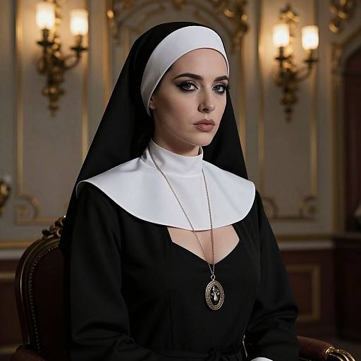 Photograph of a fair-skinned woman with blue eyes, wearing a black and white nun's habit, silver necklace, and intense expression, seated in