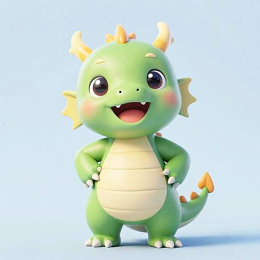 Cute, cartoon-style, green baby dragon with yellow horns, orange tail tip, and large, shiny eyes, standing with hands on hips, smiling