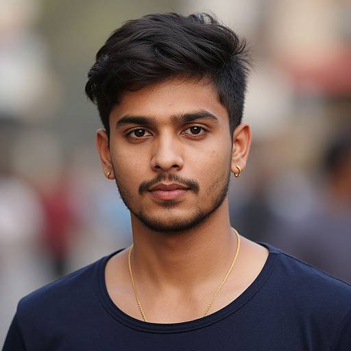 Photograph of a young, dark-haired Indian man with a mustache, wearing a black shirt, gold earring, and necklace, standing outdoors with