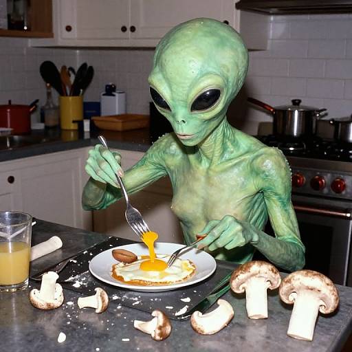 Alien with green, scaly skin eating pancakes in a kitchen, using fork, surrounded by mushrooms, orange juice, and utensils. Photoreal