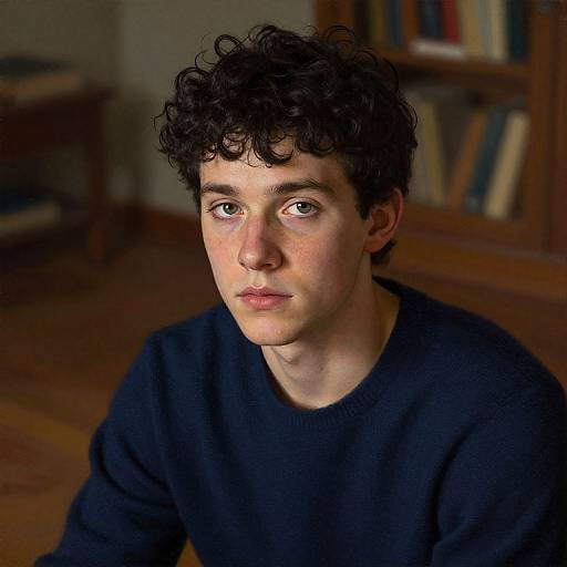Photograph of a young Caucasian boy with curly black hair, fair skin, wearing a black sweater, sitting indoors with a blurred bookshelf in the background