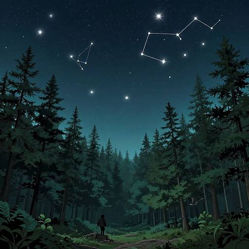 Digital illustration of a night forest with a silhouetted figure standing on a path, gazing at a starry sky with a constellation. Tall