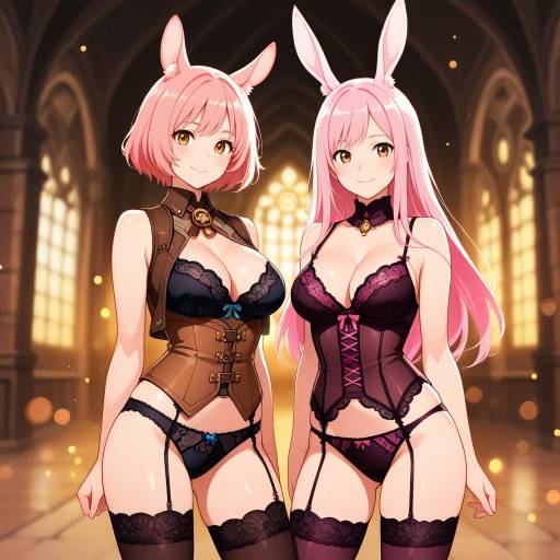 Playful Anime Girls in Enchanted Courtyard Playful Anime Girls in Enchanted Courtyard