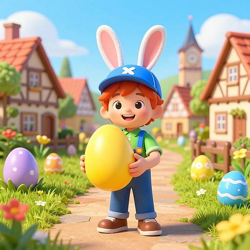 Cheerful Easter Boy in Vibrant Village
