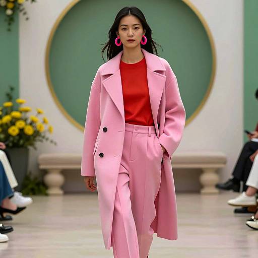 Asian Woman in Pink Coat Walking on Runway