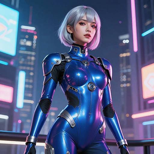 CGI image of a silver-haired woman in a shiny, blue, high-tech bodysuit, standing in a neon-lit futuristic cityscape.