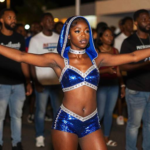 Photograph of a confident Black woman in a sparkling blue sequin bikini and hooded headdress, arms outstretched, surrounded by a blurred crowd