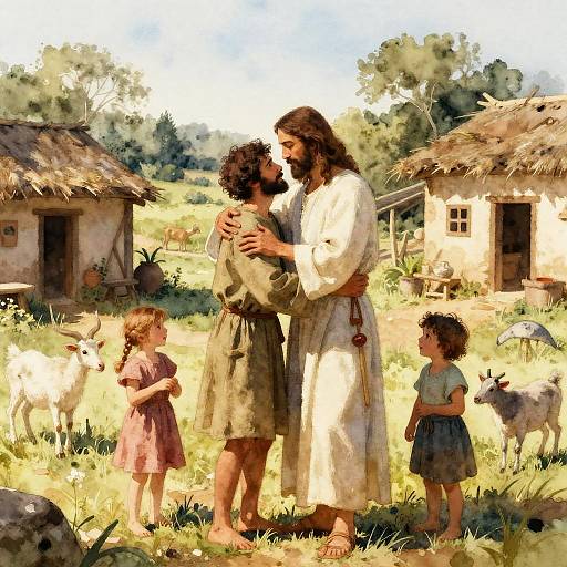 Jesus Embracing Man in Rustic Village