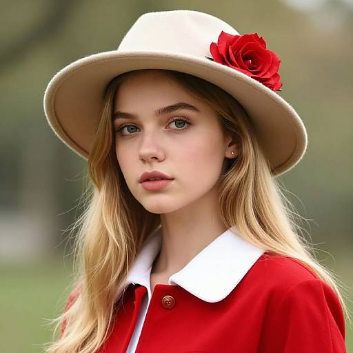 Photograph of a young woman with fair skin, green eyes, and long blonde hair, wearing a white hat with a red rose, and a red