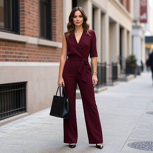 Photograph of a brunette woman in a maroon wrap blouse and wide-legged pants, holding a black handbag, standing on a city sidewalk with brick