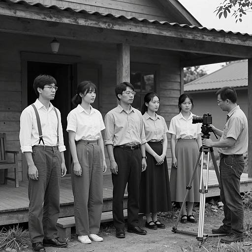 Vintage Group Portrait Outside Wooden House