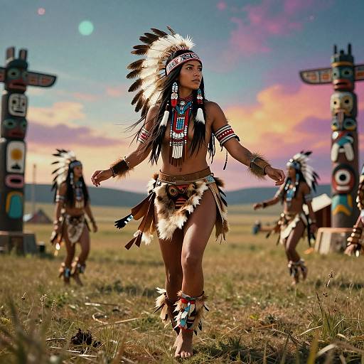 Photograph of a Native American woman in traditional feathered headdress and fringe attire, dancing in a grassy field at sunset, with colorful totem