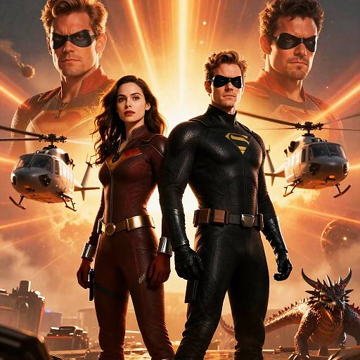 Dynamic Superheroes Amid Fiery Action
