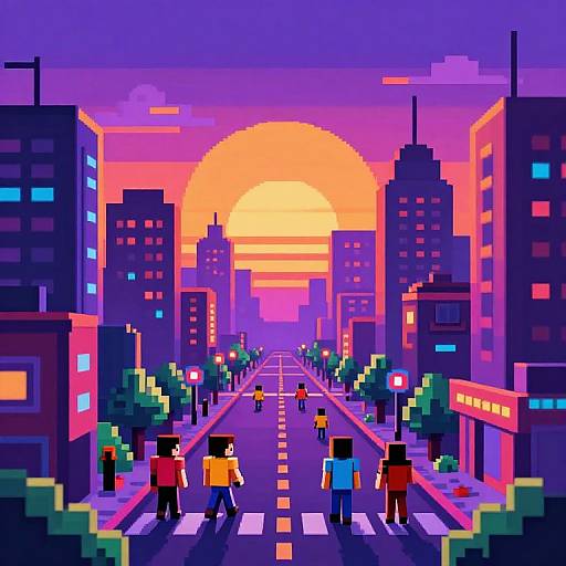 Pixel art of a vibrant, neon-lit city street at sunset, with colorful buildings, people crossing, and a large orange sun.