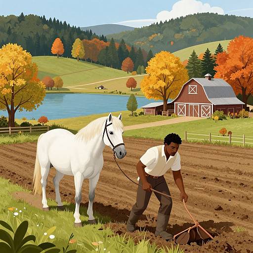 Man Plowing Field with White Horse