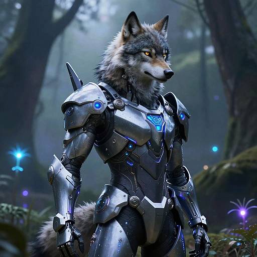 Futuristic Wolf Humanoid in Bioluminescent Forest