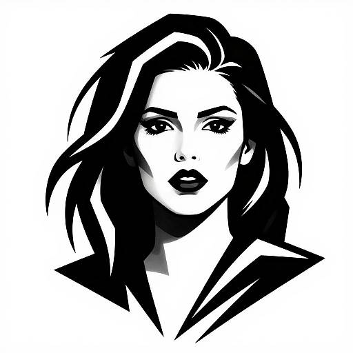 Stylized black-and-white digital portrait of a woman with bold, dark hair, intense eyes, and full lips, featuring high-contrast shading.