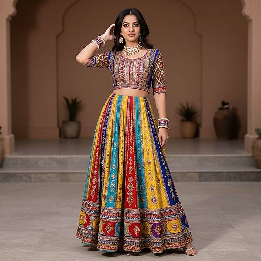 Photograph of a South Asian woman in a colorful, traditional Indian lehenga with intricate patterns, gold jewelry, and dark wavy hair, standing in