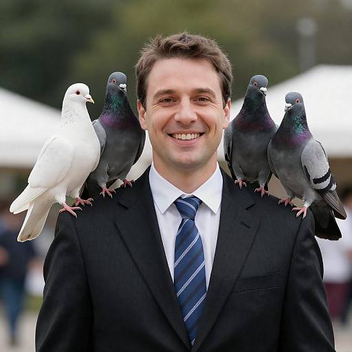 Smiling Man in Pinstripe Suit with Pigeons