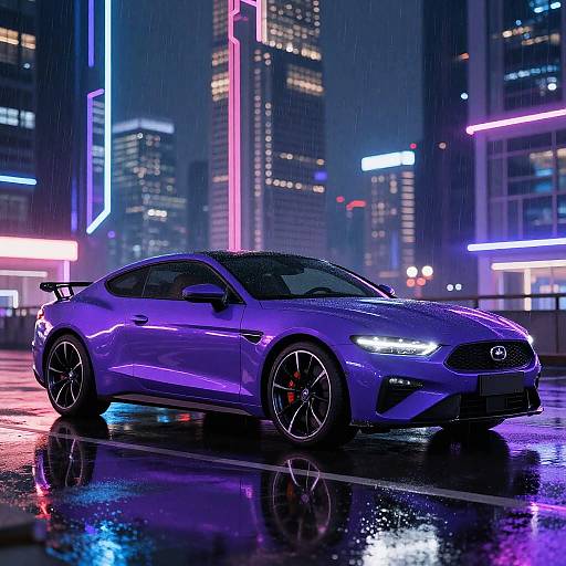 Photograph of a sleek, purple-lit, high-performance sedan with black rims and red brake calipers parked on a rainy, neon-lit city