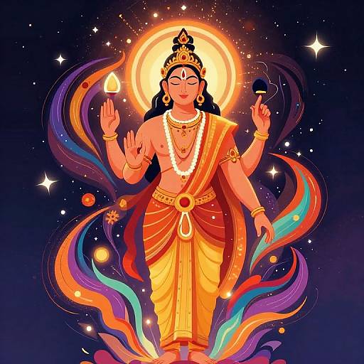 Vibrant digital illustration of a radiant Hindu goddess with four arms, wearing a golden crown, red-orange sari, and jewelry, holding a flame
