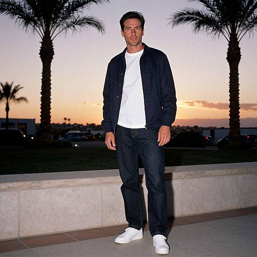 Photograph of a man with short dark hair, beard, wearing a black jacket, white shirt, dark jeans, and white sneakers, standing in front