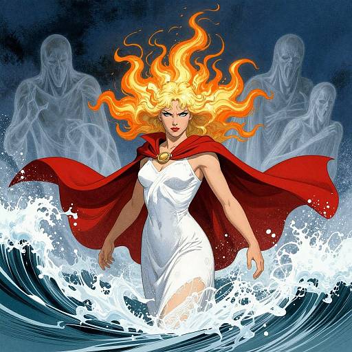 Comic-style illustration of a fiery-haired woman in a white dress and red cape, standing in swirling ocean waves, with ghostly figures in the background.