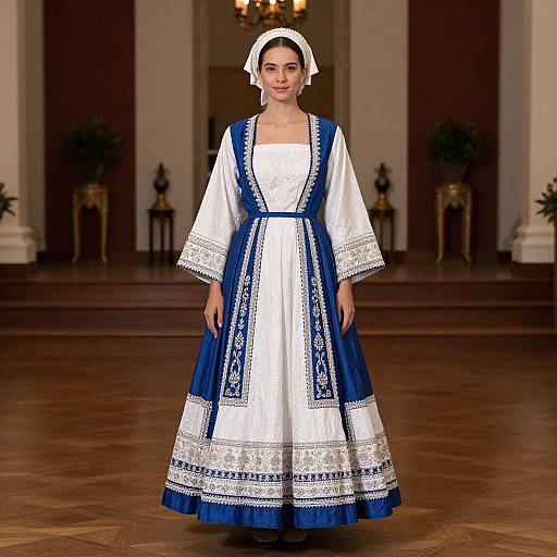Photograph of a woman in a traditional white and blue embroidered dress with a headdress, standing in a grand hall.