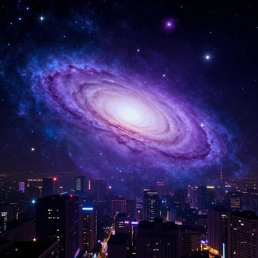 Photograph-like digital artwork of a vibrant, purple and white spiral galaxy over a dark, neon-lit city skyline with scattered stars.