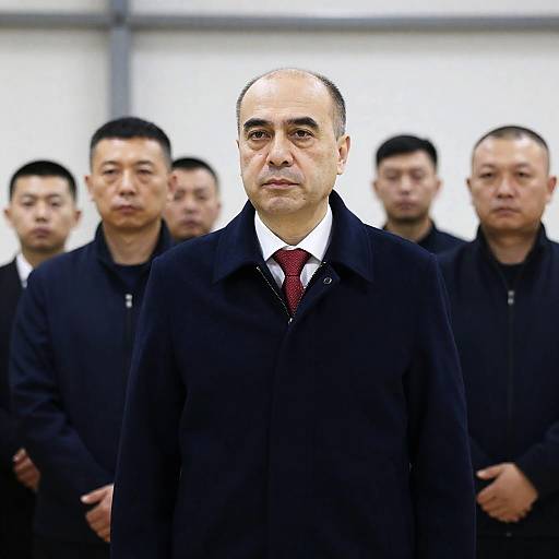 Serious Middle-aged Man with Group Indoors