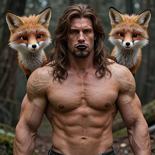Photorealistic digital artwork of a muscular, shirtless man with long brown hair, flanked by two realistic red foxes in a forest.