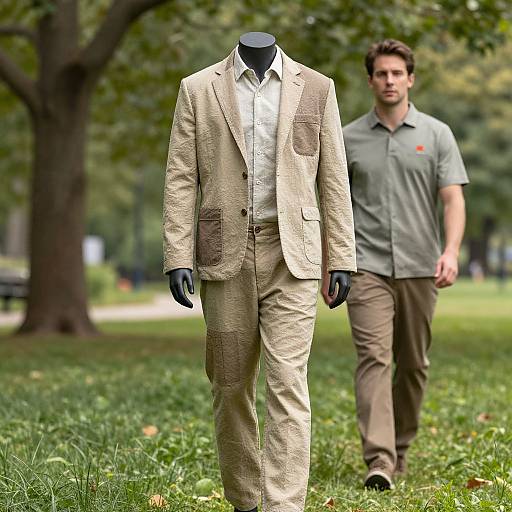 Photograph of a headless mannequin in a beige, textured suit with black gloves, walking in a park; a man in a green shirt