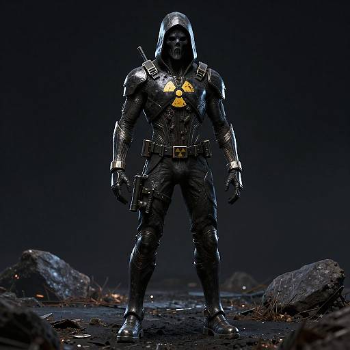 Photorealistic CGI of a dark, armored warrior with glowing yellow chest emblem, hooded helmet, and cybernetic enhancements, standing on rocky terrain