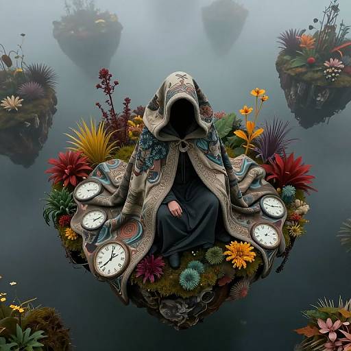 Digital artwork: Hooded figure with clocked cloak, surrounded by vibrant flowers, floating on misty, flower-covered islands in a serene, reflective water
