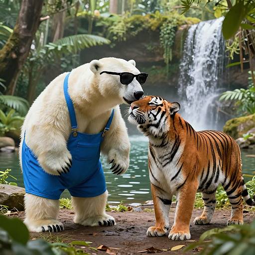 Photograph of a polar bear in blue overalls and sunglasses standing next to a tiger by a jungle waterfall.