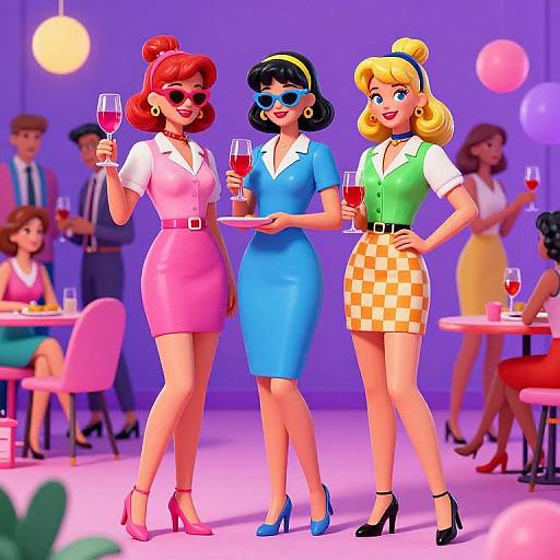 Digital illustration of three stylish, smiling women in pink, blue, and checkered skirts, holding wine glasses, standing in a vibrant, purple-lit