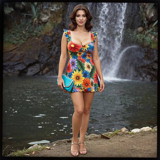 Photograph of a woman with medium skin tone, dark wavy hair, wearing a colorful floral dress and blue clutch, standing in front of a waterfall