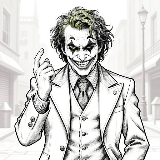 Digital manga-style drawing of Joker with green-tinted hair, black face paint, white suit, black tie, and mischievous smile, gest