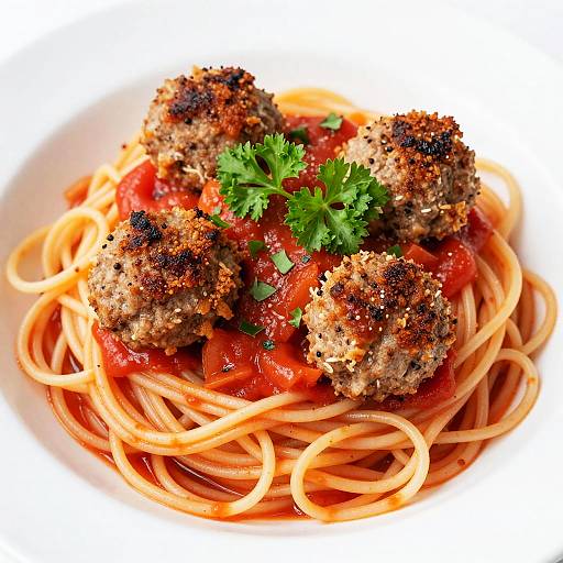 Photograph of four crispy, browned meatballs on top of a bed of spaghetti, mixed with diced red tomatoes, garnished with fresh parsley.