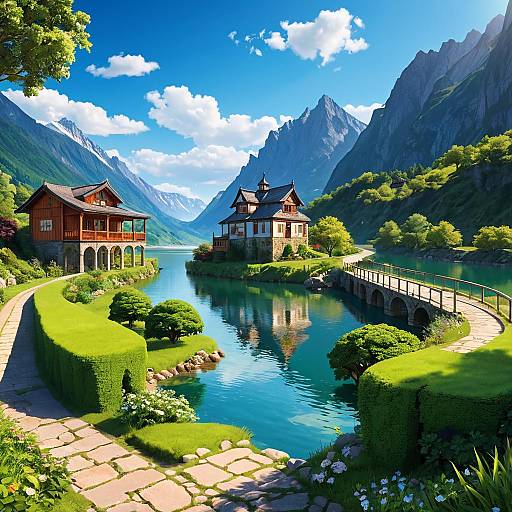 Scenic Mountain Lake with Charming Houses