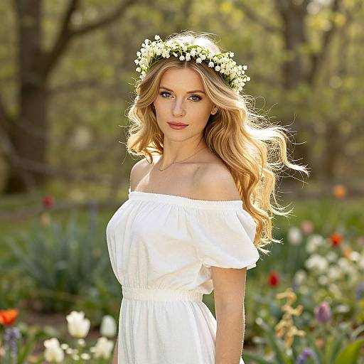 Photograph of a blonde woman with wavy hair, wearing a white off-shoulder dress and flower crown, standing in a sunlit garden.
