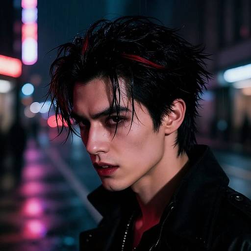 Neon-lit urban night portrait of a pale, androgynous person with wet, black, spiky hair, intense gaze, and dark