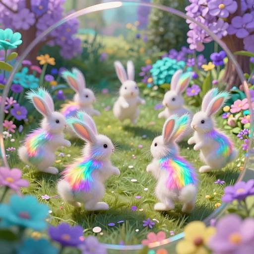 Digital art: Five fluffy white rabbits with rainbow-colored fur sit in a vibrant, flower-filled meadow, framed by a circular lens effect.