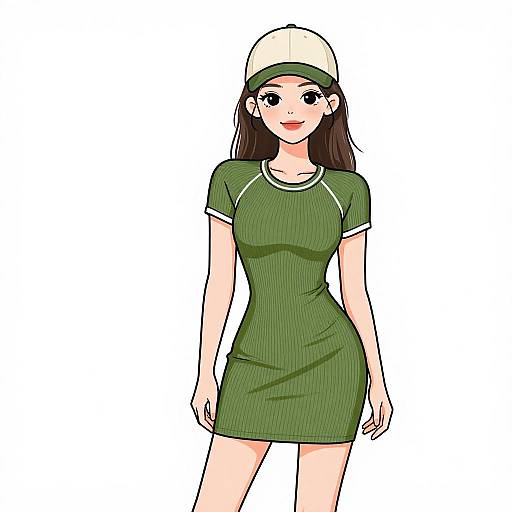 Anime-style digital drawing of a cute young woman with long brown hair, wearing a green dress, green cap, and white earphones.