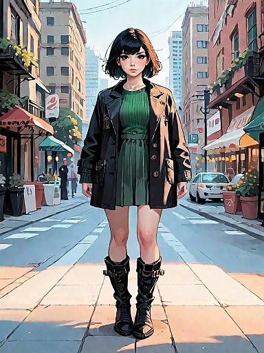 Urban Chic Woman in Black Coat and Green Dress