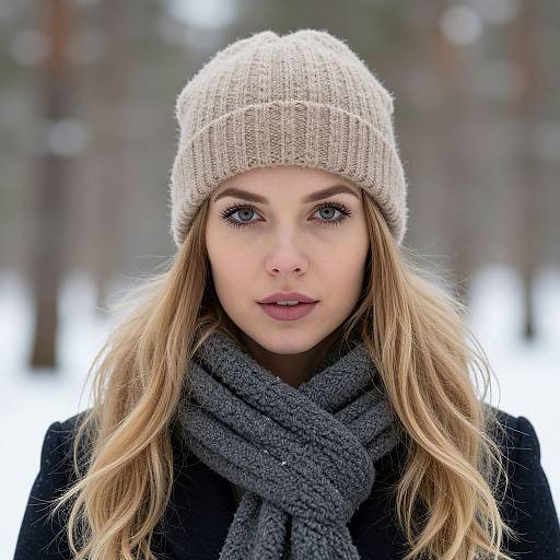 Photograph of a fair-skinned, blonde woman with blue eyes, wearing a beige knit hat, gray scarf, and black coat, standing in a