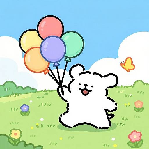 Whimsical cartoon white bear holding colorful balloons (red, yellow, green, purple) in a bright, sunny meadow with flowers and a butterfly