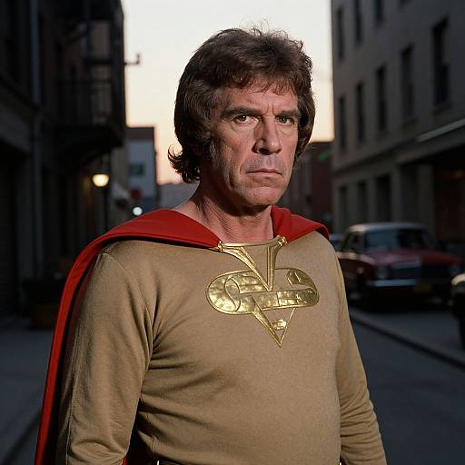 Photograph of a middle-aged man with brown hair wearing a beige Superman shirt with a gold 